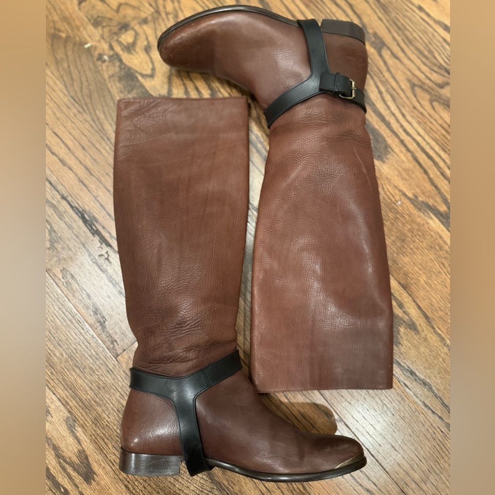 Lanvin Brown Leather Knee-High Heeled Boots with Black Harness Detail